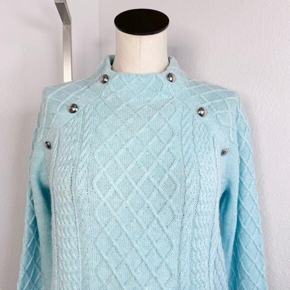 Talbots Mock Neck Cable Knit Sweater Preppy Classic Blue Size Small - Picture 2 of 6